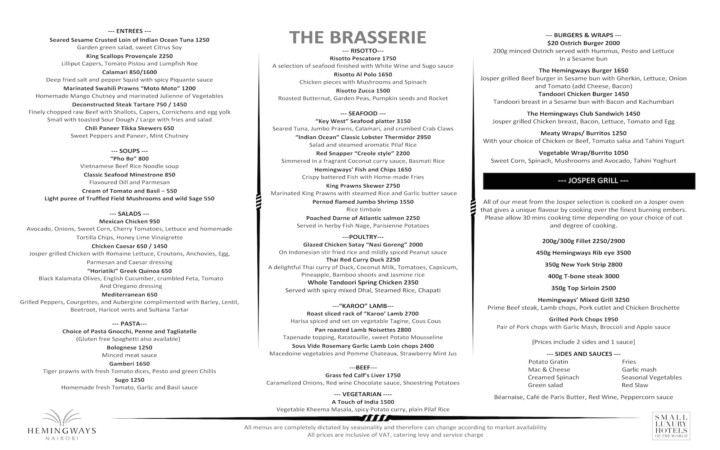 Hemingways Nairobi Brasserie new menu